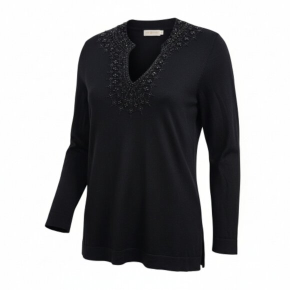 Tory Burch Merino Wool Beaded Tunic Top Black L Embellished V-Neck Long Sleeve - Picture 2 of 14